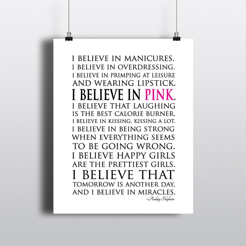 I believe in miracles I believe in pink Happy girls Audrey Hepburn Quote Typography Wall Art inspirational PRINT or CANVAS teen art White