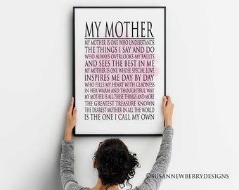 Typography Wall Art-My Mother is Inspirational Quote - Unique Gift for Mom - Word Art PRINT or CANVAS-tribute to mom-gift for her wall decor