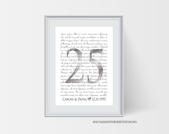 25th Silver Anniversary Gift for couples - your wedding vows or your song lyrics PRINT OR CANVAS - Personalized Gift