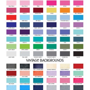 May include: A chart of standard colors and vintage backgrounds for design projects. The chart includes a variety of colors, including pink, blue, green, red, orange, yellow, purple, brown, gray, and black. The chart also includes a variety of vintage backgrounds, including chalkboard, paper, and fabric.
