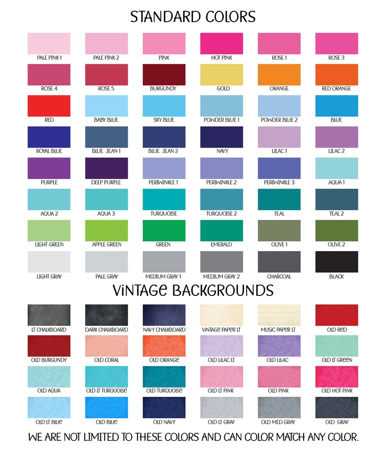 May include: A chart of standard colors and vintage backgrounds for design projects. The chart includes a variety of colors, including pink, blue, green, red, orange, yellow, purple, brown, gray, and black. The chart also includes a variety of vintage backgrounds, including chalkboard, paper, and fabric.