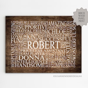 May include: A wood panel print with a white background and brown wood grain texture. The print features a word cloud of positive adjectives and names, including "Robert", "Donna", "Chloe", and "Amazing".
