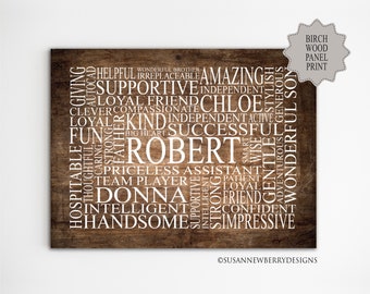 Custom Word Cloud BirchWood Print - Personalized Name Typography - Birthday, Graduation, Retirement, Friendship, Baby