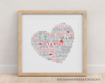 Custom Word Cloud Heart Typography PRINT or CANVAS - Personalized Wedding Art - Anniversary -gift for couple -Wall Decor