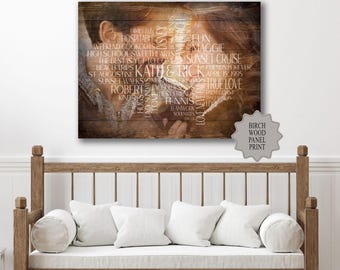 Custom Word Cloud with Faded Photo Birch Wood Print Farmhouse Canvas Wall Art