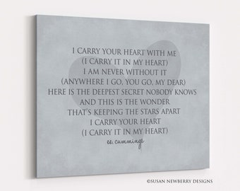 I carry you in my heart ee cummings quote Print or Canvas Inspirational Wall Art - wedding anniversary gift - nursery wall decor