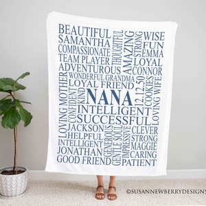 May include: White throw blanket with a blue word cloud design. The words include "NANA", "Beautiful", "Loyal", "Intelligent", "Successful", "Loving Mother", "Good Friend", "Wise", "Fun", "Caring", and "Patient".
