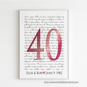 40th Ruby Anniversary Gift for couples - Wedding vows or song lyrics Wall Art PRINT or CANVAS - Personalized Anniversary Gift