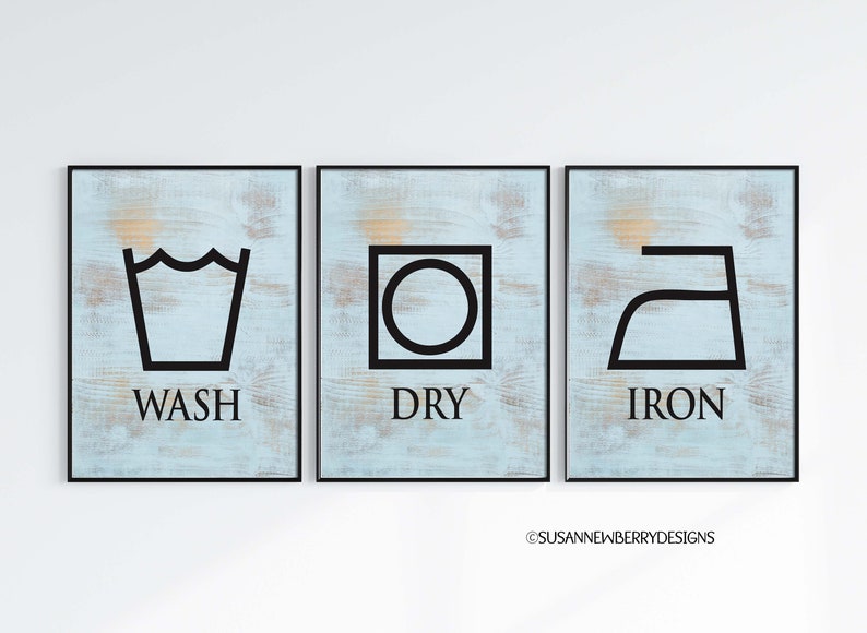 Wash Dry Iron Laundry Room Wall Art Set of Three Laundry Prints or Canvases Laundry Symbols Housewarming Gift for mom FH 39