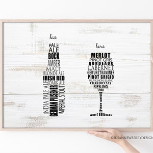 Wine Wall Art - His Her Art - Beer bottle wine glass - Room wall decor - Word Art PRINT OR CANVAS - Bar Art - gift for him - home decor