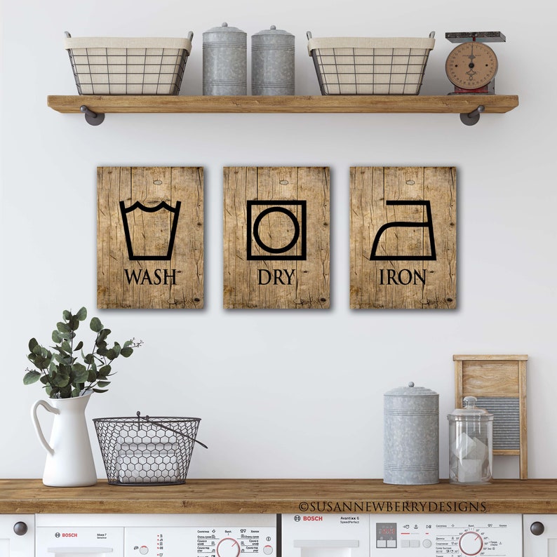 Wash Dry Iron Laundry Room Wall Art Set of Three Laundry Prints or Canvases Laundry Symbols Housewarming Gift for mom FH 20