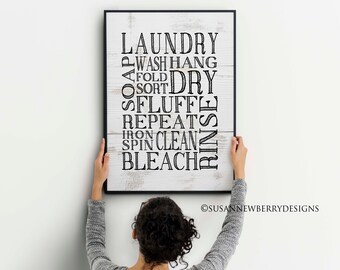 Laundry Typography Wall Art - Laundry Room Wall Decor PRINT or CANVAS - Wash Dry Fluff Repeat - Hang Iron Clean - Bleach Rinse Spin