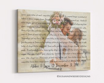 Custom Vintage Look Wedding Photo with Vows or Song Lyrics CANVAS Wall Art - 1st Dance Memento - Cotton Anniversary Gift