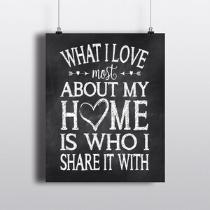 Inspirational Wall Art What I love most about my home is who I share it with PRINT OR CANVAS Foyer Decor Dark Chalkboard