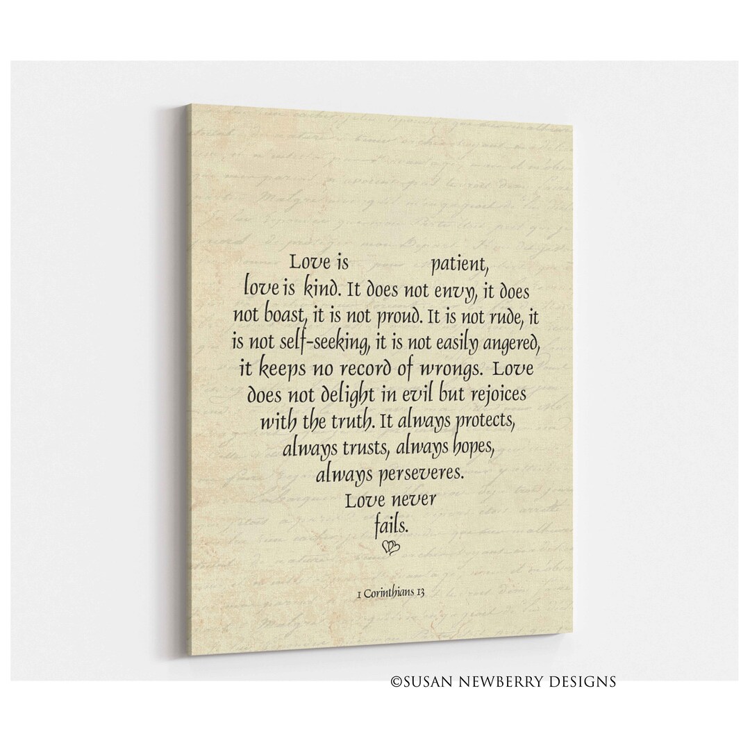 Love Never Fails Wall Art Bible Verse Heart Shaped PRINT OR CANVAS 1