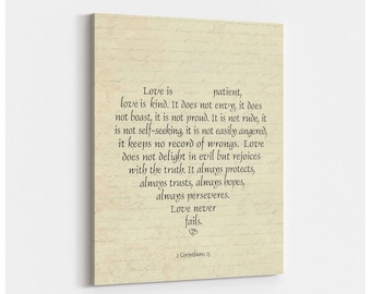 Love Never Fails Wall Art - Bible verse - heart shaped PRINT OR CANVAS- 1 Corinthians 13 quote - Wedding Anniversary Housewarming gift