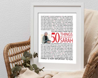 Custom 50 Things We Love About with Photo - Personalized Name Typography - Birthday, Retirement