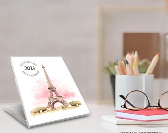 2026 Scenes of Paris Desk Calendar - 13 Month French Calendar - Jewel Case, Wood Easel