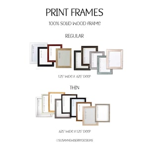 May include: A variety of wood picture frames in different colors and sizes. The frames are arranged in two rows, with the top row labeled "Regular" and the bottom row labeled "Thin". The frames are 1.25 inches wide by 0.625 inches deep and 0.625 inches wide by 1.25 inches deep.