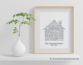 Custom House Shaped Word Cloud Wall Art - Personalized Anniversary or Housewarming Word Collage Gift available in print or canvas