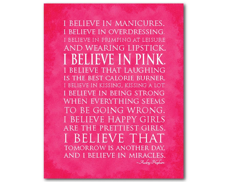 I believe in miracles I believe in pink Happy girls Audrey Hepburn Quote Typography Wall Art inspirational PRINT or CANVAS teen art Old hot pink