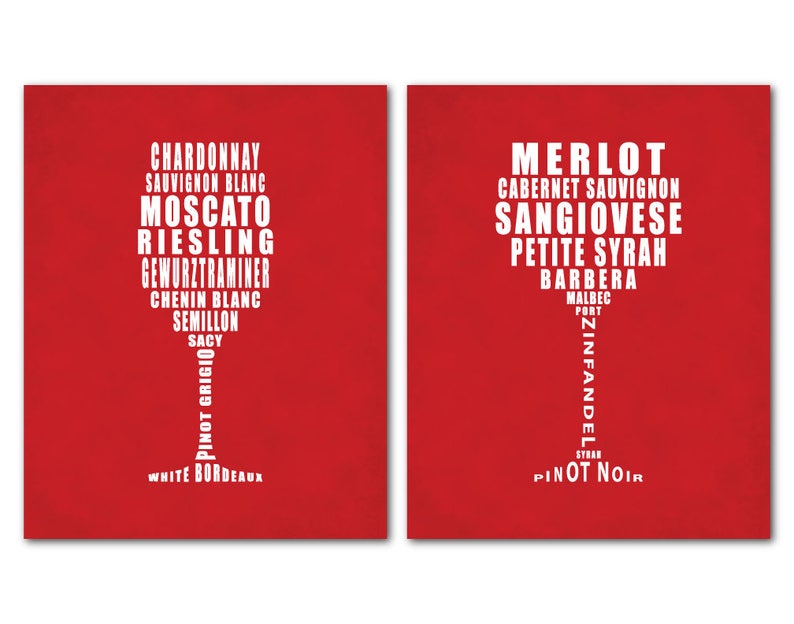 Kitchen Wall Art Red Wine White Wine Typography Word Art Etsy