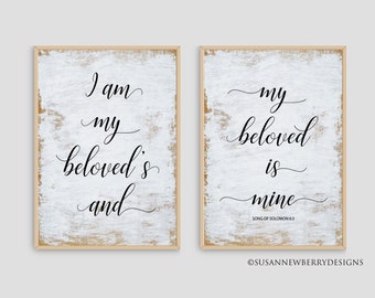 Anniversary Wedding Gift - I am my beloved's and my beloved is mine - Song of Solomon PRINT or CANVAS Duo - Scripture couples art