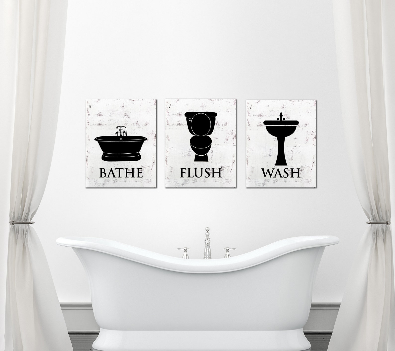 Bathroom Wall Art Trio Bathe Wash Flush Children's Etsy