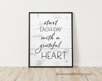 Start each day with a grateful heart wall décor - Bathroom - PRINT or CANVAS - housewarming, wedding gift - gift for mom