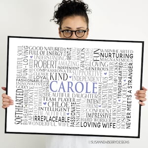 May include: A black and white word cloud with the name "Carole" in blue. The word cloud includes positive adjectives and phrases describing a person, such as "kind", "loving", "compassionate", and "beautiful".