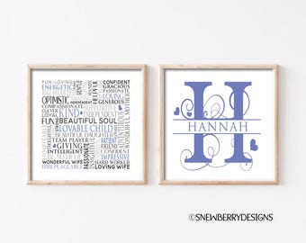 Custom Word Cloud and Custom Name Wall Art Monogram Duo or Trio in your choice of color