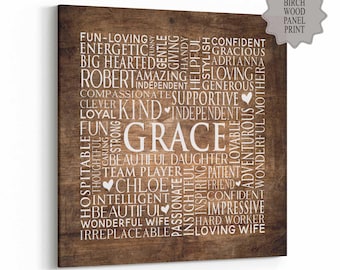 Custom Word Cloud Circle BirchWood - Personalized Name Typography - Birthday - Graduation - Retirement