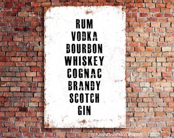 Metal Bar Sign - Rum Vodka Bourbon Whiskey Cognac Brandy Scotch Gin - Bar Decor - Modern Farmhouse Wall Art