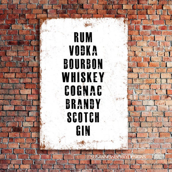 Metal Bar Sign - Rum Vodka Bourbon Whiskey Cognac Brandy Scotch Gin - Bar Decor - Modern Farmhouse Wall Art