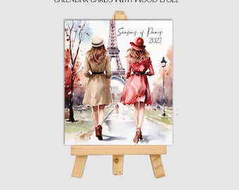 2027 Seasons of Paris Watercolor Fashion Desk Calendar - 13 Month French Calendar - Jewel Case, Wood Easel