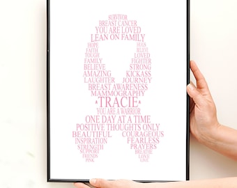 Custom Cancer Ribbon Word Cloud Print or Canvas - Gift for Cancer Survivor - Breast Cancer Ribbon Word Art