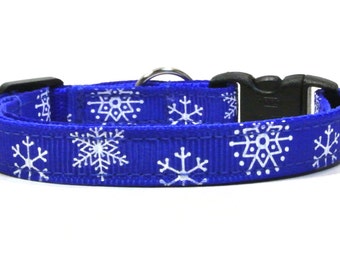 May include: A blue cat collar with a white snowflake pattern.