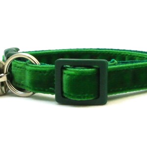 May include: A green velvet cat collar with a silver bell and a plastic buckle.
