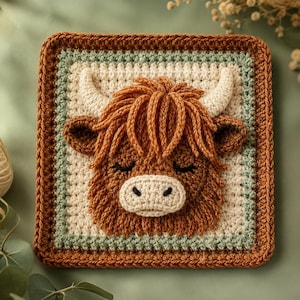 May include: A square crochet granny square featuring a three-dimensional Highland cow head in the center. The cow has shaggy brown yarn hair, cream-colored horns, and a cream muzzle. The border consists of concentric rings in brown, green, and cream.