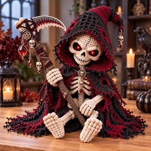 Può includere: Una bambola scheletro all'uncinetto che indossa un mantello con cappuccio nero e rosso scuro. La bambola ha occhi rossi luminosi e tiene in mano un grande accessorio a forma di falce decorato con piccoli teschi metallici, un pentagramma e pendenti in cristallo rosso.