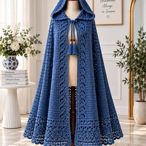 May include: A floor-length blue crochet hooded cloak featuring an intricate leaf-patterned border along the front opening and a scalloped hem. The garment includes a drawstring closure at the neck with two long braided ties ending in blue tassels.