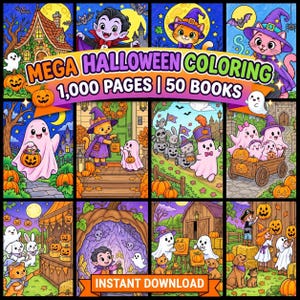 May include: A digital collection of Halloween coloring pages featuring 1,000 pages across 50 books. The imagery includes cartoon ghosts, cats in witch hats, vampires, pumpkins, and festive scenes with text reading MEGA HALLOWEEN COLORING 1,000 PAGES | 50 BOOKS.