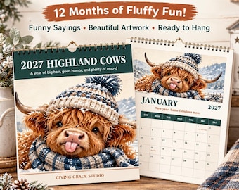 2027 Highland Cow Wall Calendar | Funny Cow Scenes, Sayings (Digital Download