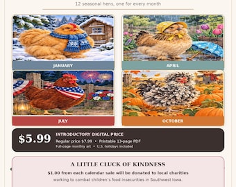 2027 Chicken Calendar Printable PDF, 12 Seasonal Hens, US Holidays, 8.5x11 Wall Calendar