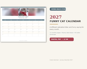 2027 Funny Cat Calendar Printable, Kitten Wall Art (Digital PDF