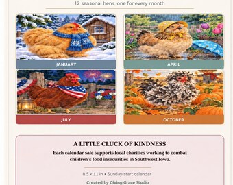 Printed 2027 Chicken Calendar, 12 Seasonal Hens, US Holidays, 8.5x11 Wall Calendar