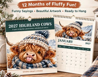 Printed 2027 Highland Cow Calendar, Funny Monthly Sayings, US Holidays, 8.5x11 Wall Calendar