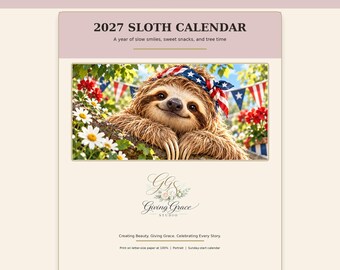 2027 Sloth Calendar PDF | Seasonal Pictures and Large Write-In Boxes