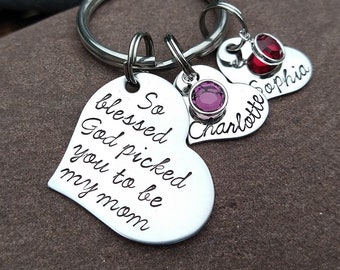 Personalized Keychain For Mom With Children's Names And Birthstones, Heart Keychain