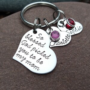 Personalized Keychain For Mom With Children&#39;s Names And Birthstones, Heart Keychain